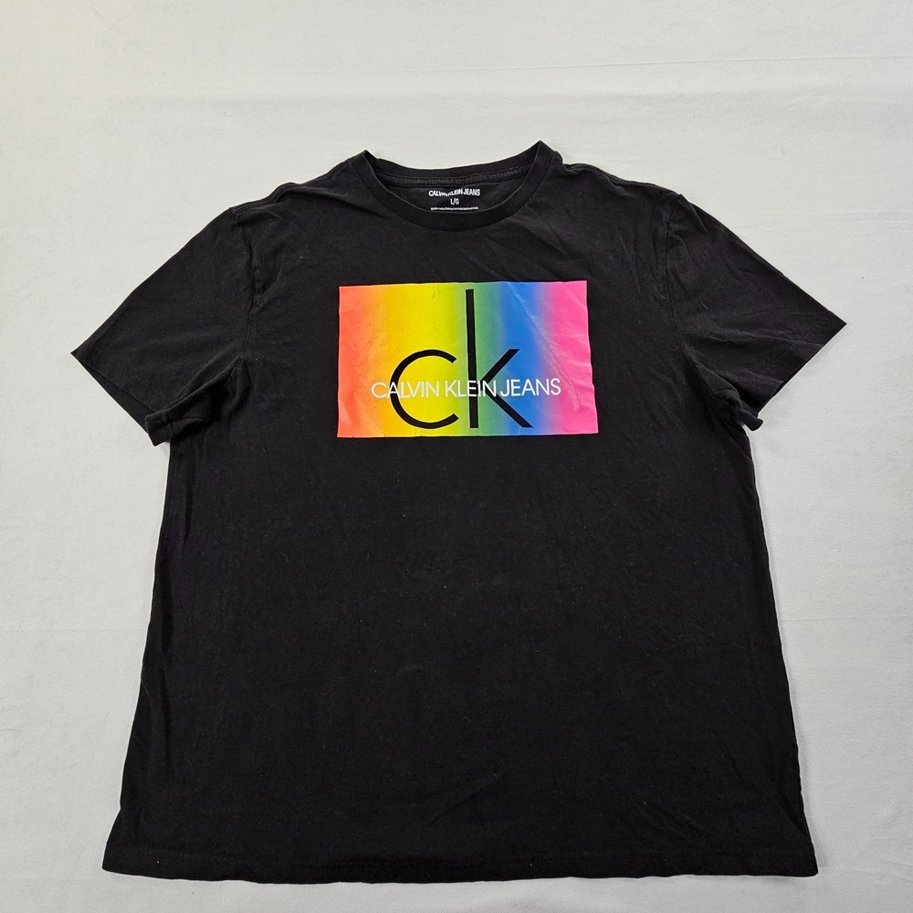 Calvin Klein Jeans Rainbow Logo Black Short Sleeve Cotton T-Shirt Women's L